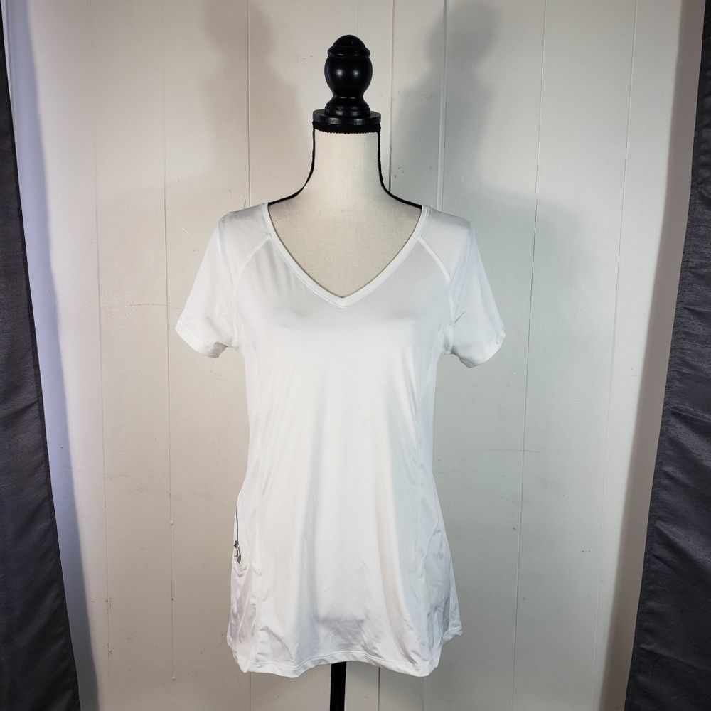 ATHLETA White Forerunner V Neck Athletic Tee Shirt Size Medium